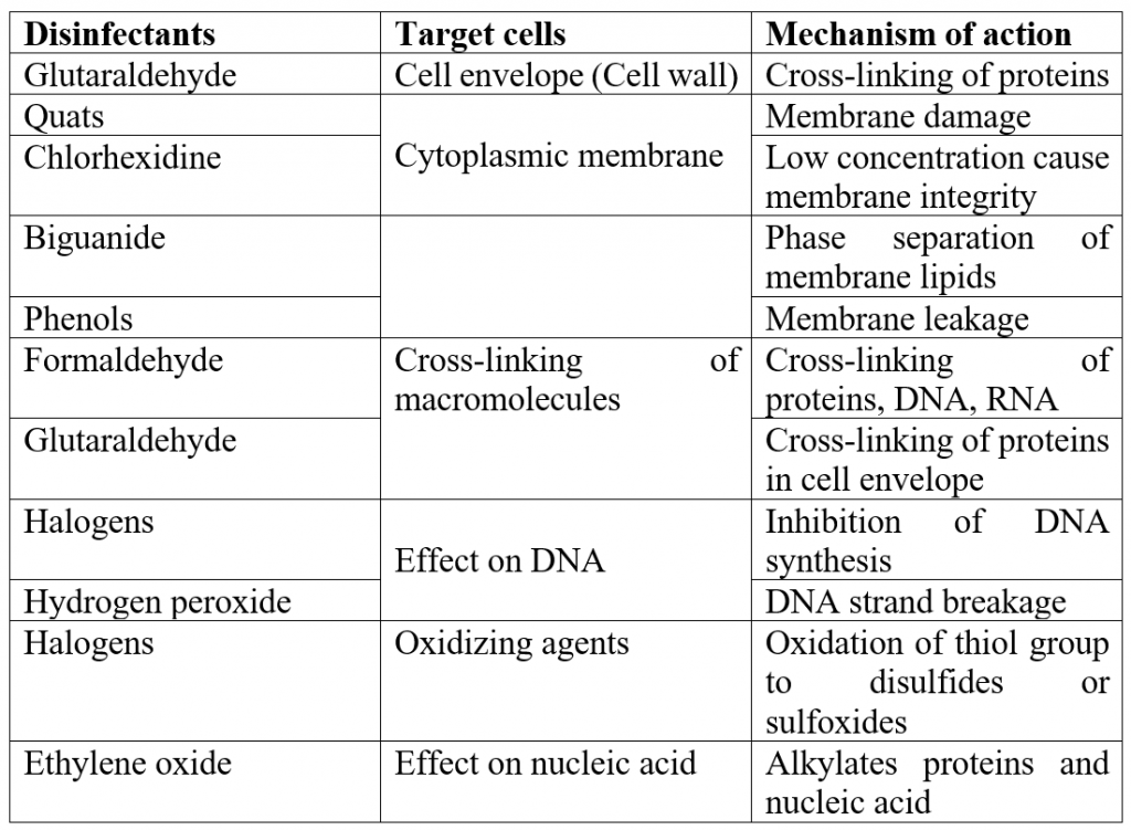 Mechanisms of actions of various disinfectants in the specifically targeted cells