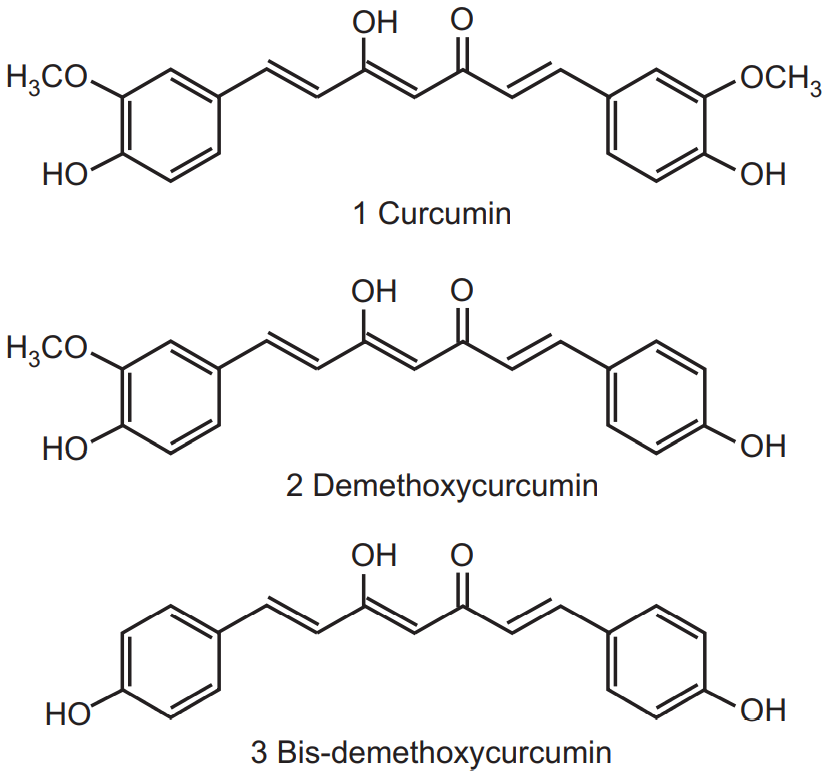 Chemical structure of Curcumin, Demethoxycurcumin, Bis-demethoxycurcumin